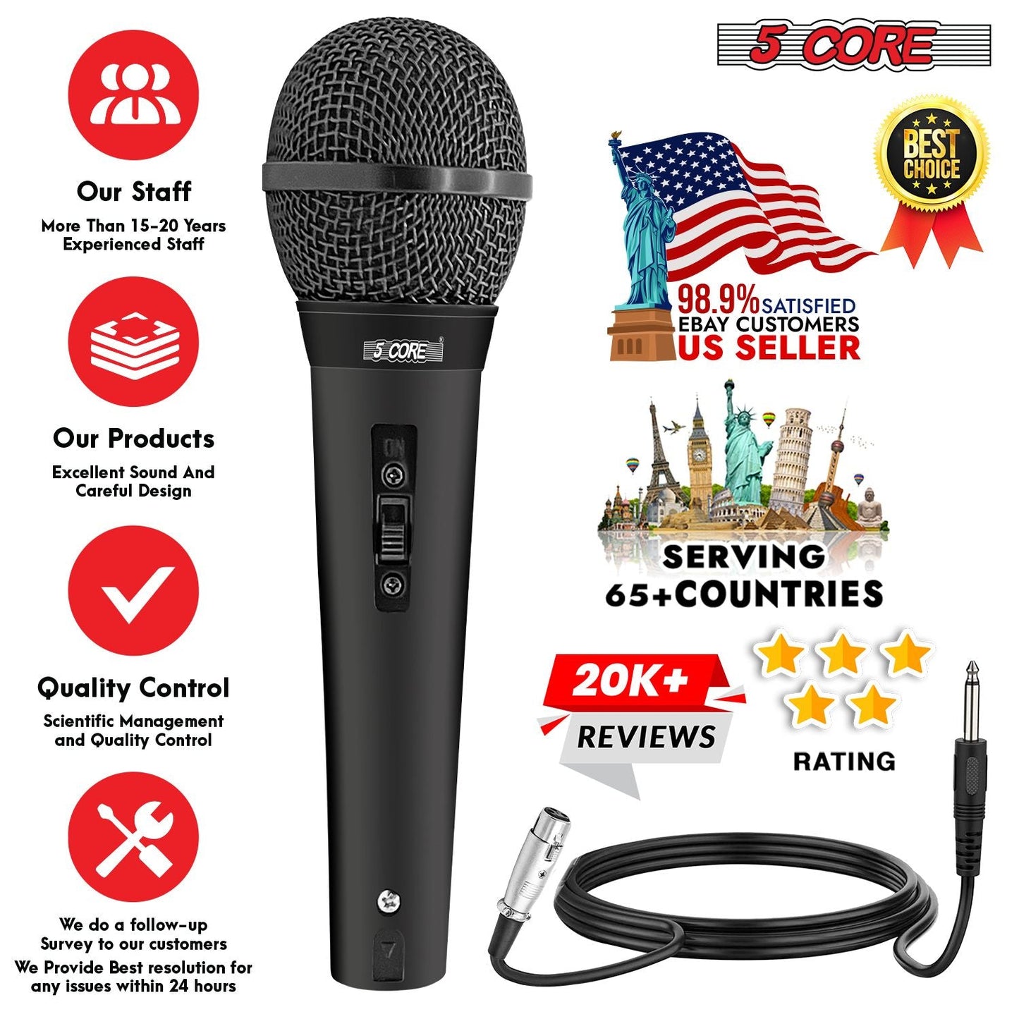 5 CORE Microphone Dynamic Vocal Handheld Mic Cardioid Unidirectional Microfono w On Off Switch + XLR Audio Cable for Singing Karaoke Public Speaking & Parties - PM 1O1 BLK