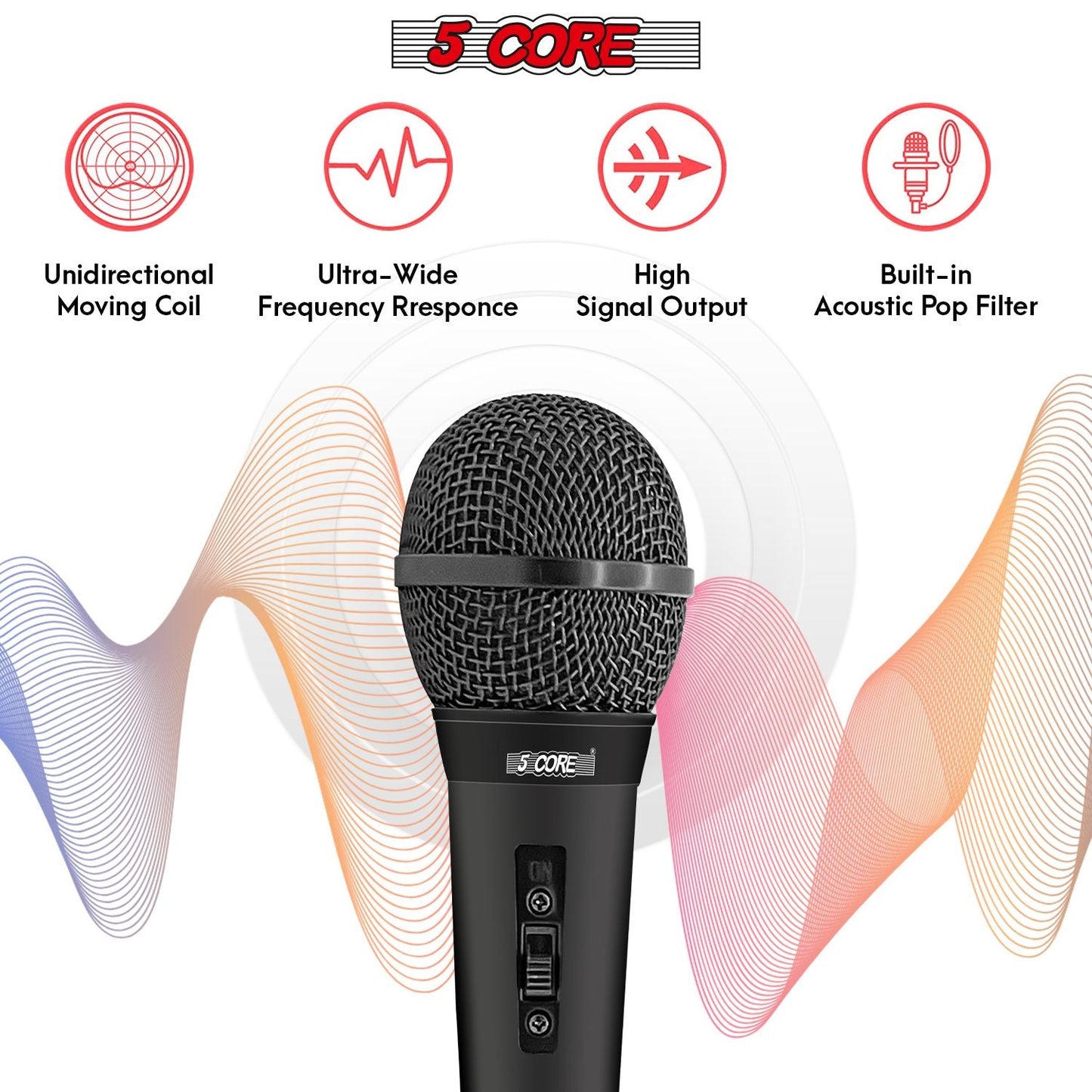 5 CORE Microphone Dynamic Vocal Handheld Mic Cardioid Unidirectional Microfono w On Off Switch + XLR Audio Cable for Singing Karaoke Public Speaking & Parties - PM 1O1 BLK