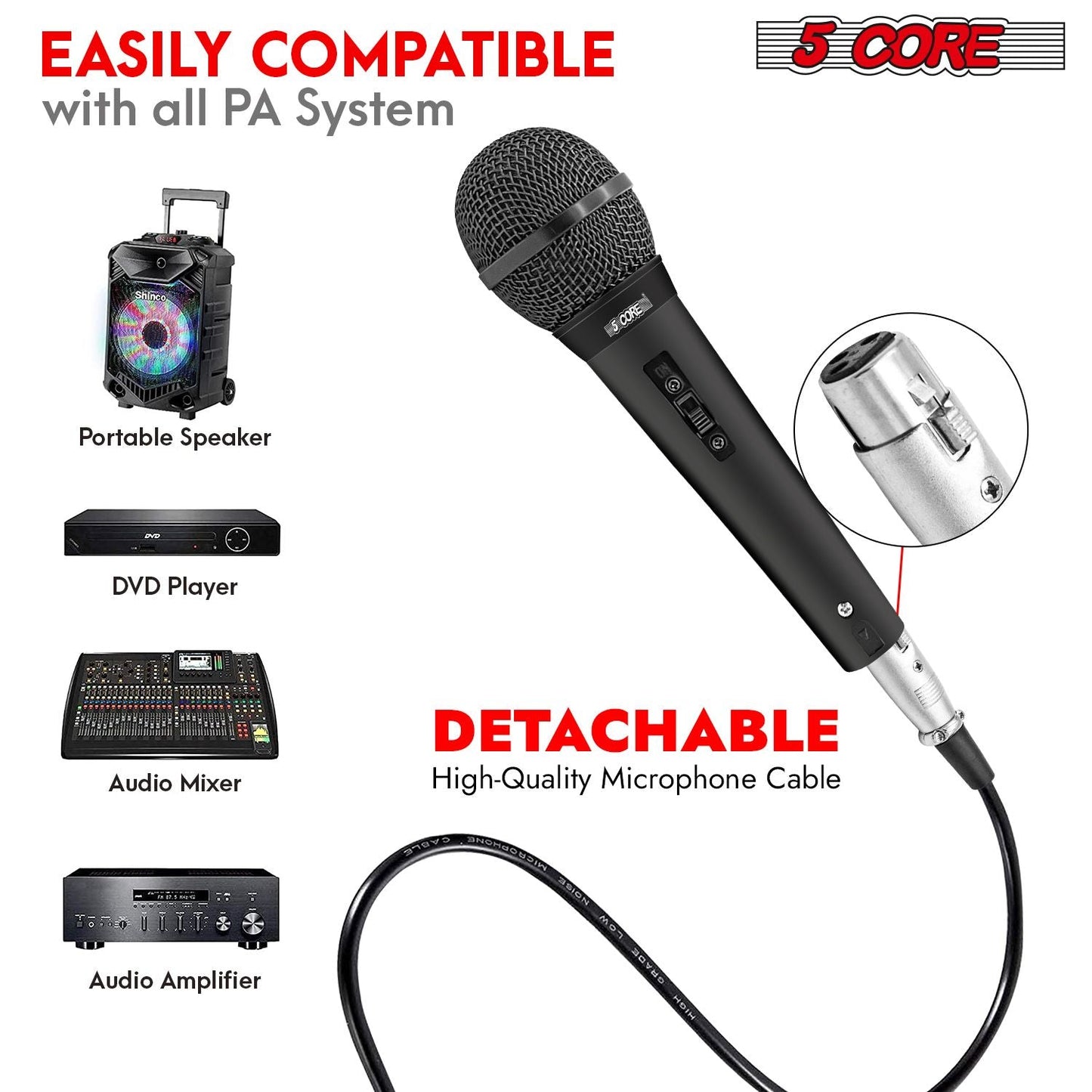 5 CORE Microphone Dynamic Vocal Handheld Mic Cardioid Unidirectional Microfono w On Off Switch + XLR Audio Cable for Singing Karaoke Public Speaking & Parties - PM 1O1 BLK