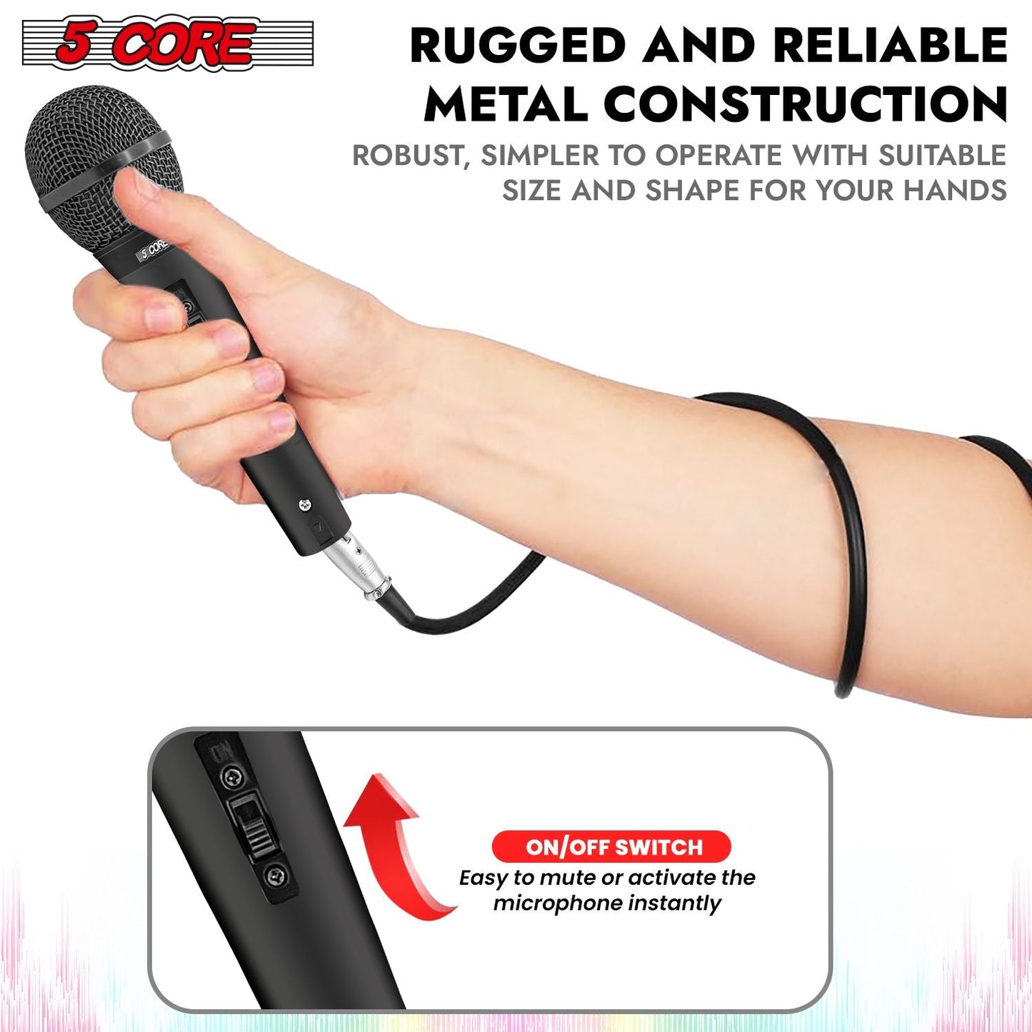 5 CORE Microphone Dynamic Vocal Handheld Mic Cardioid Unidirectional Microfono w On Off Switch + XLR Audio Cable for Singing Karaoke Public Speaking & Parties - PM 1O1 BLK