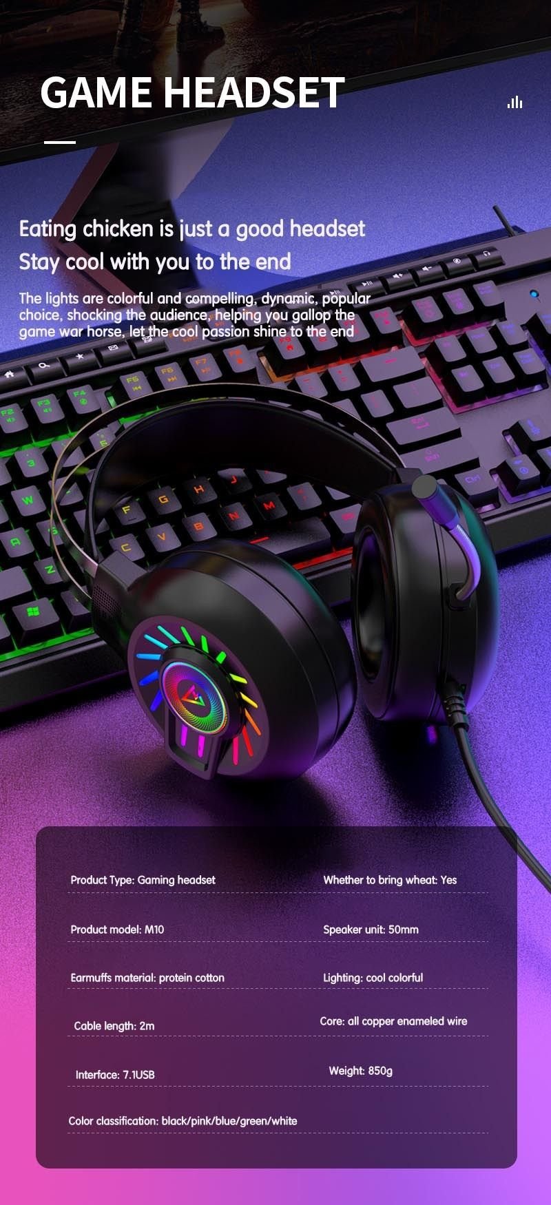 Wired microphone headband in - line headset pink game rainbow light - emitting computer 7.1 channel headset