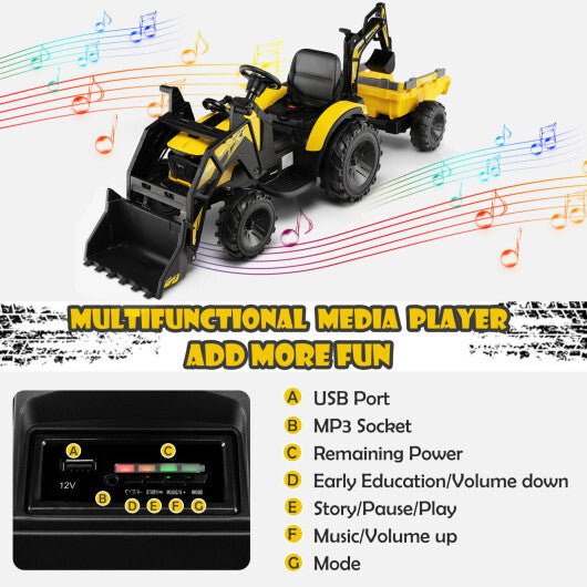 12V 3 in 1 Kids Ride On Excavator with Shovel Bucket and Music - Green - Asmota