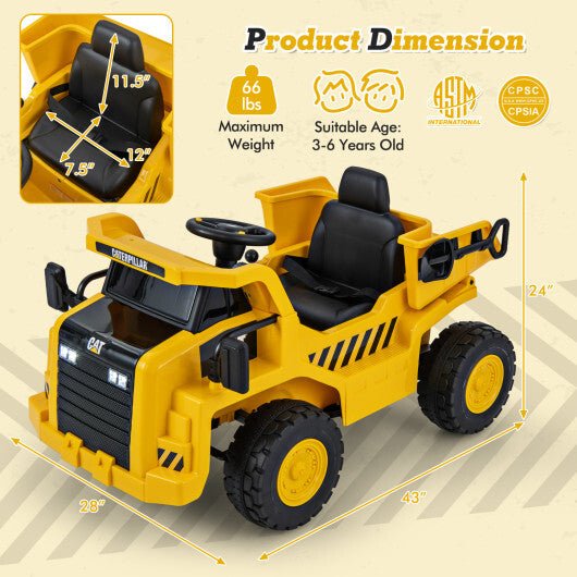 12V Caterpillar Licensed Kids Ride on Dump Truck with Tiltable Bump Bed - Yellow - Asmota
