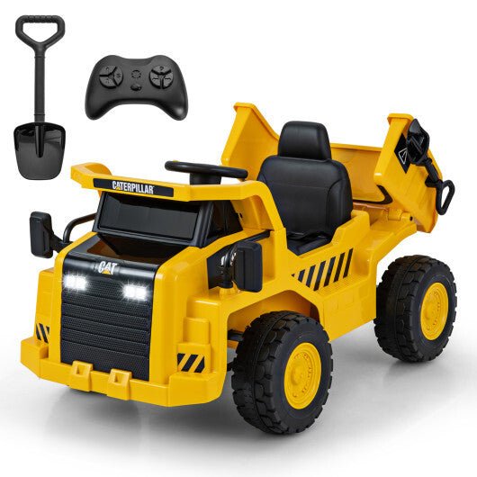 12V Caterpillar Licensed Kids Ride on Dump Truck with Tiltable Bump Bed - Yellow - Asmota