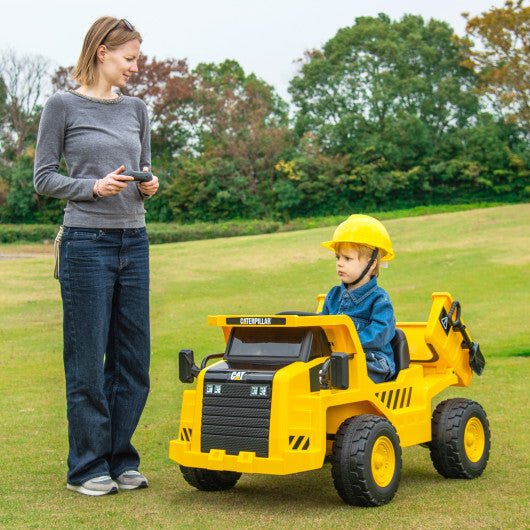 12V Caterpillar Licensed Kids Ride on Dump Truck with Tiltable Bump Bed - Yellow - Asmota