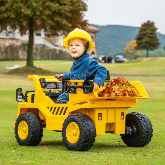 12V Caterpillar Licensed Kids Ride on Dump Truck with Tiltable Bump Bed - Yellow - Asmota