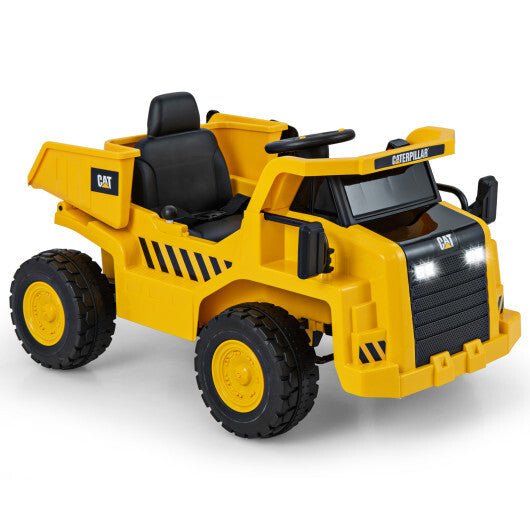 12V Caterpillar Licensed Kids Ride on Dump Truck with Tiltable Bump Bed - Yellow - Asmota