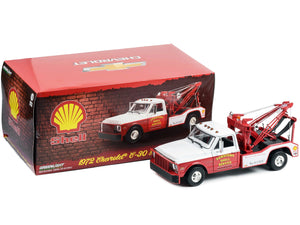 1972 Chevrolet C - 30 Dually Wrecker Tow Truck "Downtown Shell Service - Service is Our Business" White and Red 1/18 Diecast Model Car by Greenlight