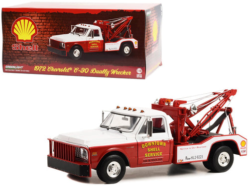 1972 Chevrolet C - 30 Dually Wrecker Tow Truck "Downtown Shell Service - Service is Our Business" White and Red 1/18 Diecast Model Car by Greenlight