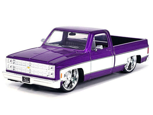 1985 Chevrolet C - 10 Pickup Truck Purple Metallic and White with Lorenzo Wheels "Just Trucks" Series 1/24 Diecast Model Car by Jada