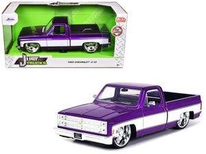 1985 Chevrolet C - 10 Pickup Truck Purple Metallic and White with Lorenzo Wheels "Just Trucks" Series 1/24 Diecast Model Car by Jada