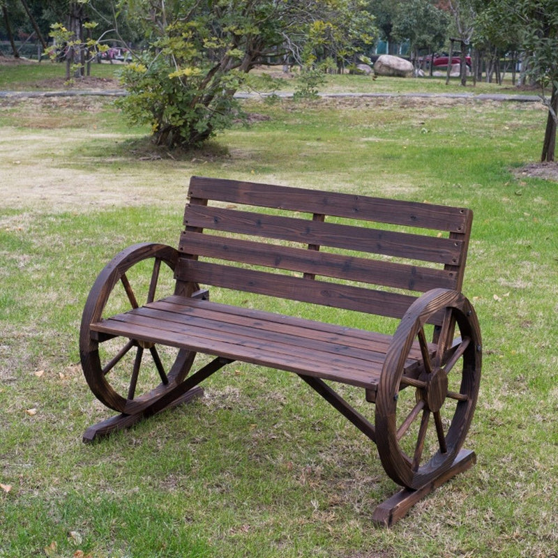 2 - Person Seat Bench with Backrest Wooden Wagon Wheel Bench, Rustic Outdoor Patio Furniture - AS - Asmota