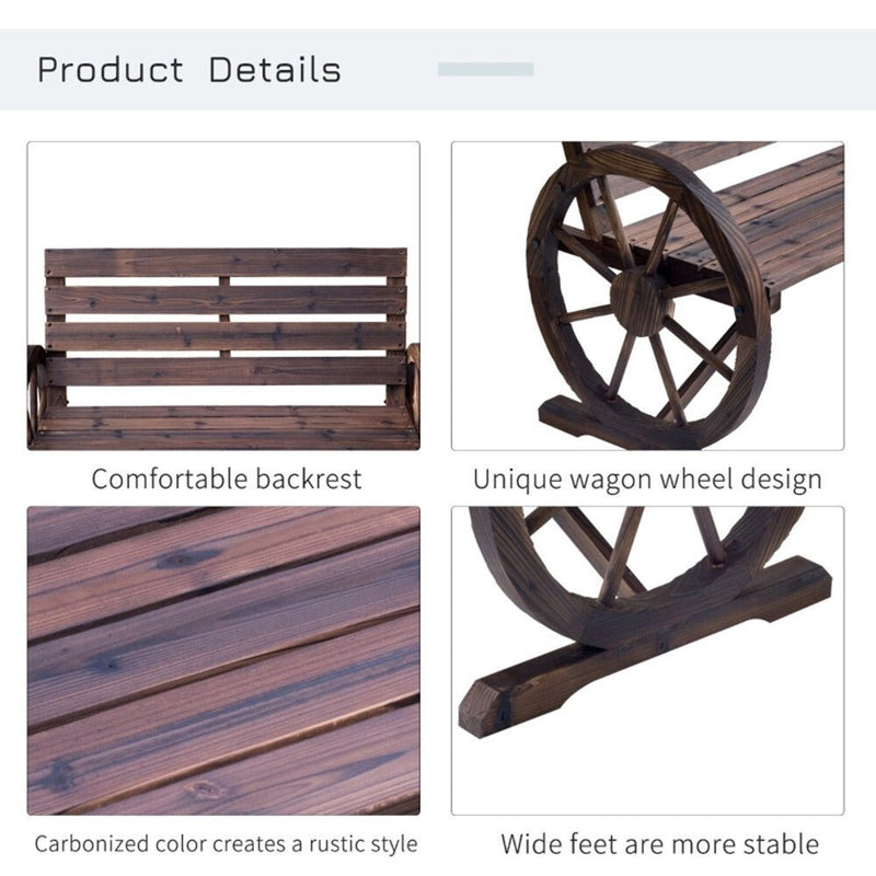 2 - Person Seat Bench with Backrest Wooden Wagon Wheel Bench, Rustic Outdoor Patio Furniture - AS - Asmota