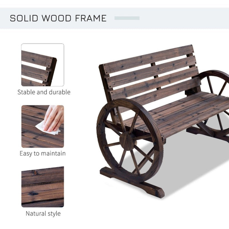 2 - Person Seat Bench with Backrest Wooden Wagon Wheel Bench, Rustic Outdoor Patio Furniture - AS - Asmota