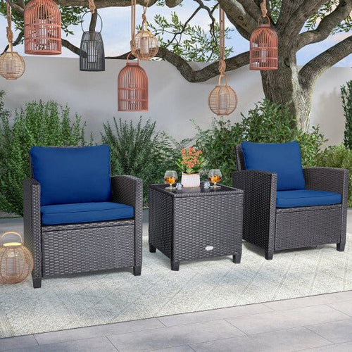 3 Pieces Rattan Patio Furniture Set with Washable Cushion - Beige & Turquoise - Color: Beige & Turquoise - Asmota