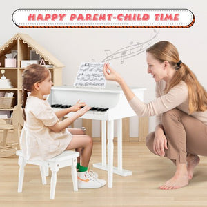 30 - Key Kids Piano Keyboard Toy with Bench Piano Lid and Music Rack - White - Color: White