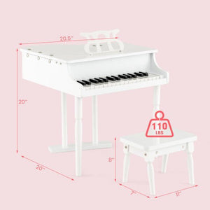 30 - Key Kids Piano Keyboard Toy with Bench Piano Lid and Music Rack - White - Color: White