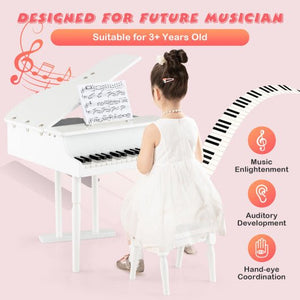 30 - Key Kids Piano Keyboard Toy with Bench Piano Lid and Music Rack - White - Color: White