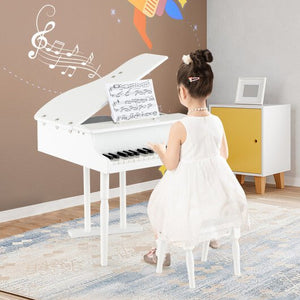 30 - Key Kids Piano Keyboard Toy with Bench Piano Lid and Music Rack - White - Color: White