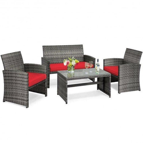 4 Pieces Patio Rattan Furniture Set with Cushions - Red - Color: Red - Asmota
