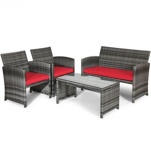 4 Pieces Patio Rattan Furniture Set with Cushions - Red - Color: Red - Asmota