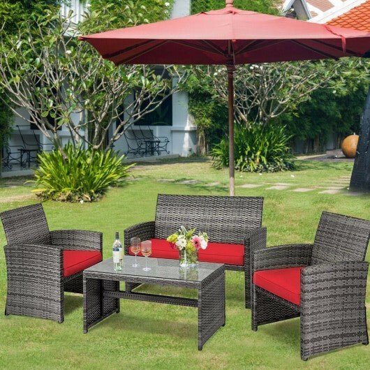 4 Pieces Patio Rattan Furniture Set with Cushions - Red - Color: Red - Asmota