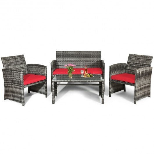 4 Pieces Patio Rattan Furniture Set with Cushions - Red - Color: Red - Asmota