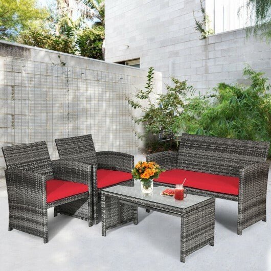 4 Pieces Patio Rattan Furniture Set with Cushions - Red - Color: Red - Asmota