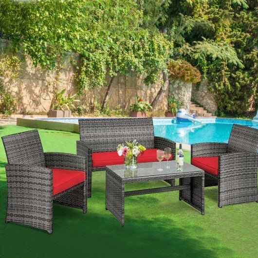 4 Pieces Patio Rattan Furniture Set with Cushions - Red - Color: Red - Asmota