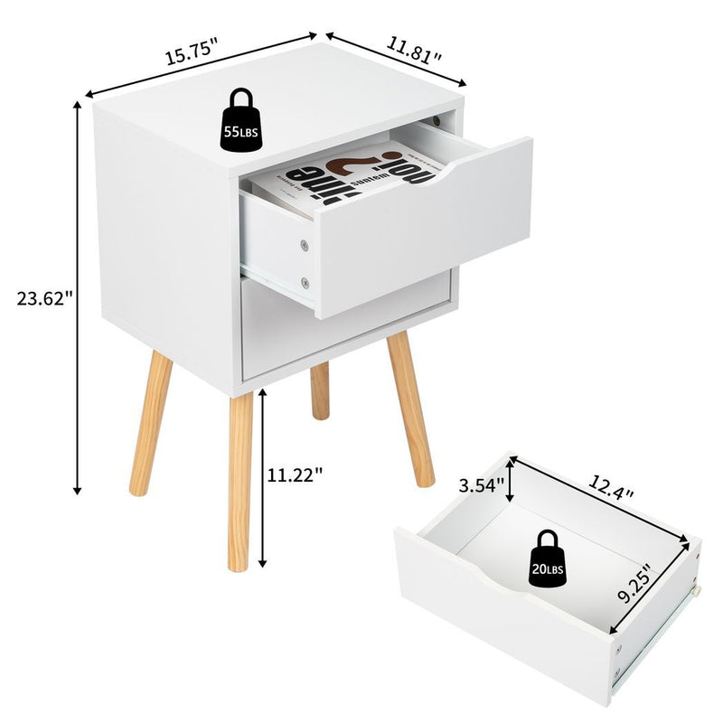 40*30*60cm Simple And Modern White Cabinet, Wood Color Legs, MDF Spray Paint, High Legs, Two Drawers, Bedside Table - Asmota