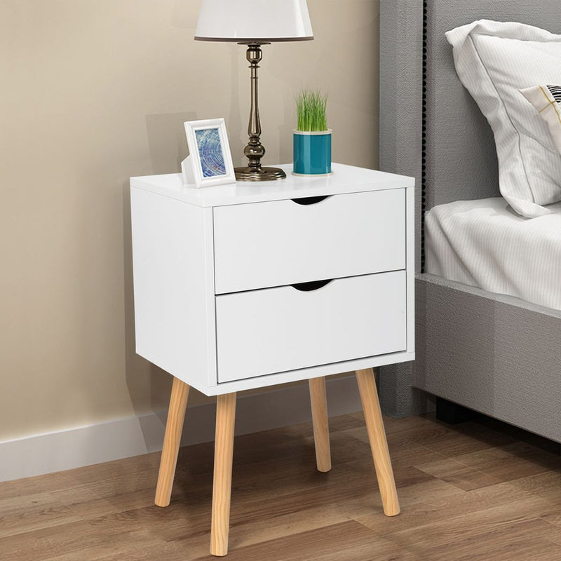 40*30*60cm Simple And Modern White Cabinet, Wood Color Legs, MDF Spray Paint, High Legs, Two Drawers, Bedside Table - Asmota