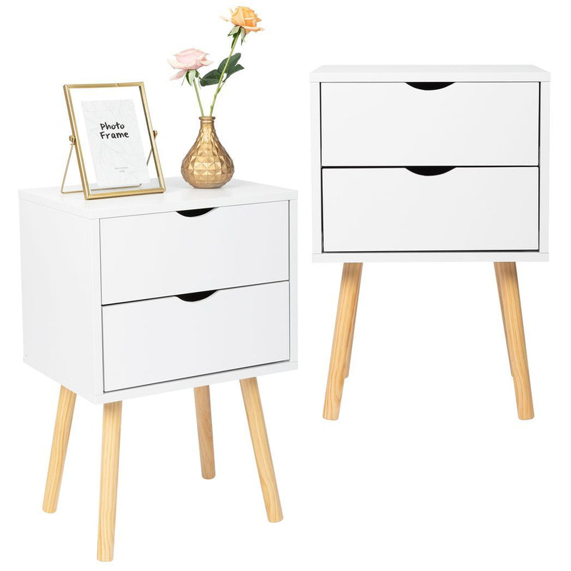 40*30*60cm Simple And Modern White Cabinet, Wood Color Legs, MDF Spray Paint, High Legs, Two Drawers, Bedside Table - Asmota
