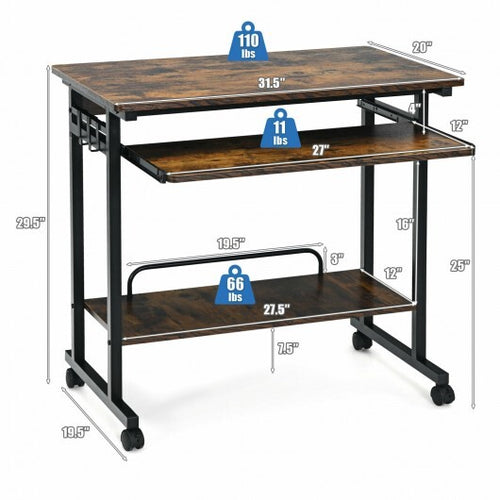 Home Office Computer Desk Cart with Pull-out Keyboard Tray-Rustic Brown