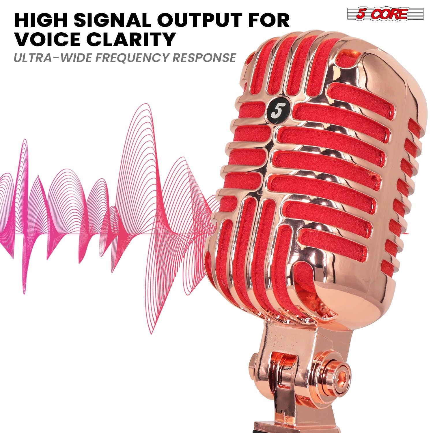5 Core Classic Retro Microphone Dynamic (ALL METAL BODY) - Old Vintage Style Unidirectional Cardioid Mic w/ XLR Input Universal Stand Compatible | Live Performance |Singing In Studio |Recording Gold