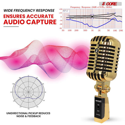 5 Core Classic Retro Microphone Dynamic (ALL METAL BODY) - Old Vintage Style Unidirectional Cardioid Mic w/ XLR Input Universal Stand Compatible | Live Performance |Singing In Studio |Recording Gold