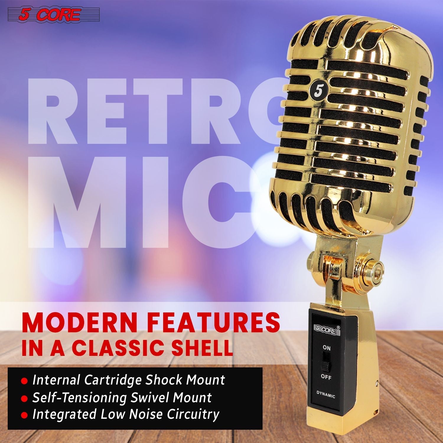 5 Core Classic Retro Microphone Dynamic (ALL METAL BODY) - Old Vintage Style Unidirectional Cardioid Mic w/ XLR Input Universal Stand Compatible | Live Performance |Singing In Studio |Recording Gold