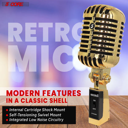 5 Core Classic Retro Microphone Dynamic (ALL METAL BODY) - Old Vintage Style Unidirectional Cardioid Mic w/ XLR Input Universal Stand Compatible | Live Performance |Singing In Studio |Recording Gold