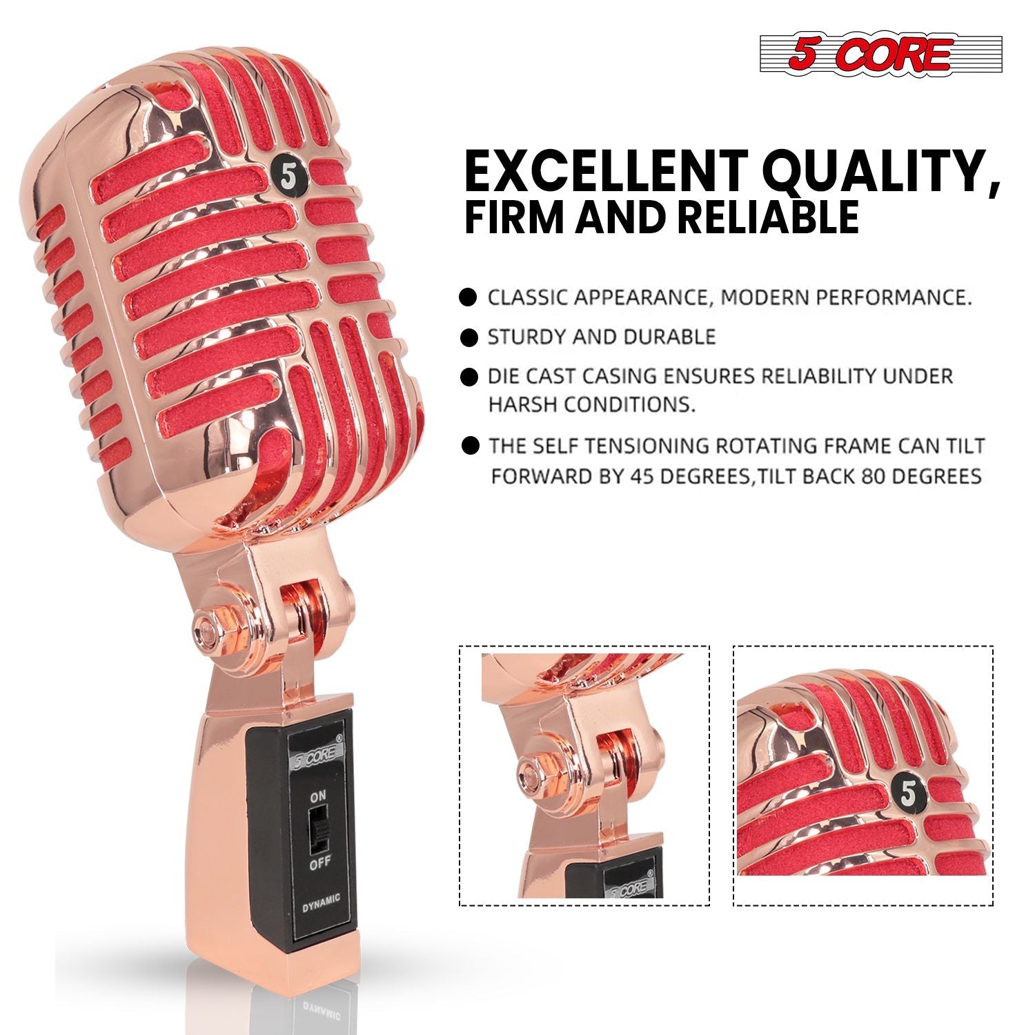 5 Core Classic Retro Microphone Dynamic (ALL METAL BODY) - Old Vintage Style Unidirectional Cardioid Mic w/ XLR Input Universal Stand Compatible | Live Performance |Singing In Studio |Recording Gold