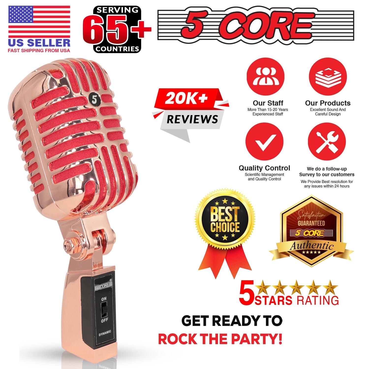 5 Core Classic Retro Microphone Dynamic (ALL METAL BODY) - Old Vintage Style Unidirectional Cardioid Mic w/ XLR Input Universal Stand Compatible | Live Performance |Singing In Studio |Recording Gold