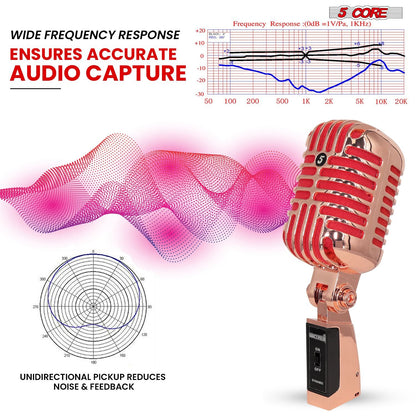5 Core Classic Retro Microphone Dynamic (ALL METAL BODY) - Old Vintage Style Unidirectional Cardioid Mic w/ XLR Input Universal Stand Compatible | Live Performance |Singing In Studio |Recording Gold