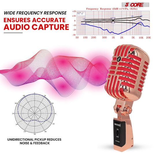 5 Core Classic Retro Microphone Dynamic (ALL METAL BODY) - Old Vintage Style Unidirectional Cardioid Mic w/ XLR Input Universal Stand Compatible | Live Performance |Singing In Studio |Recording Gold
