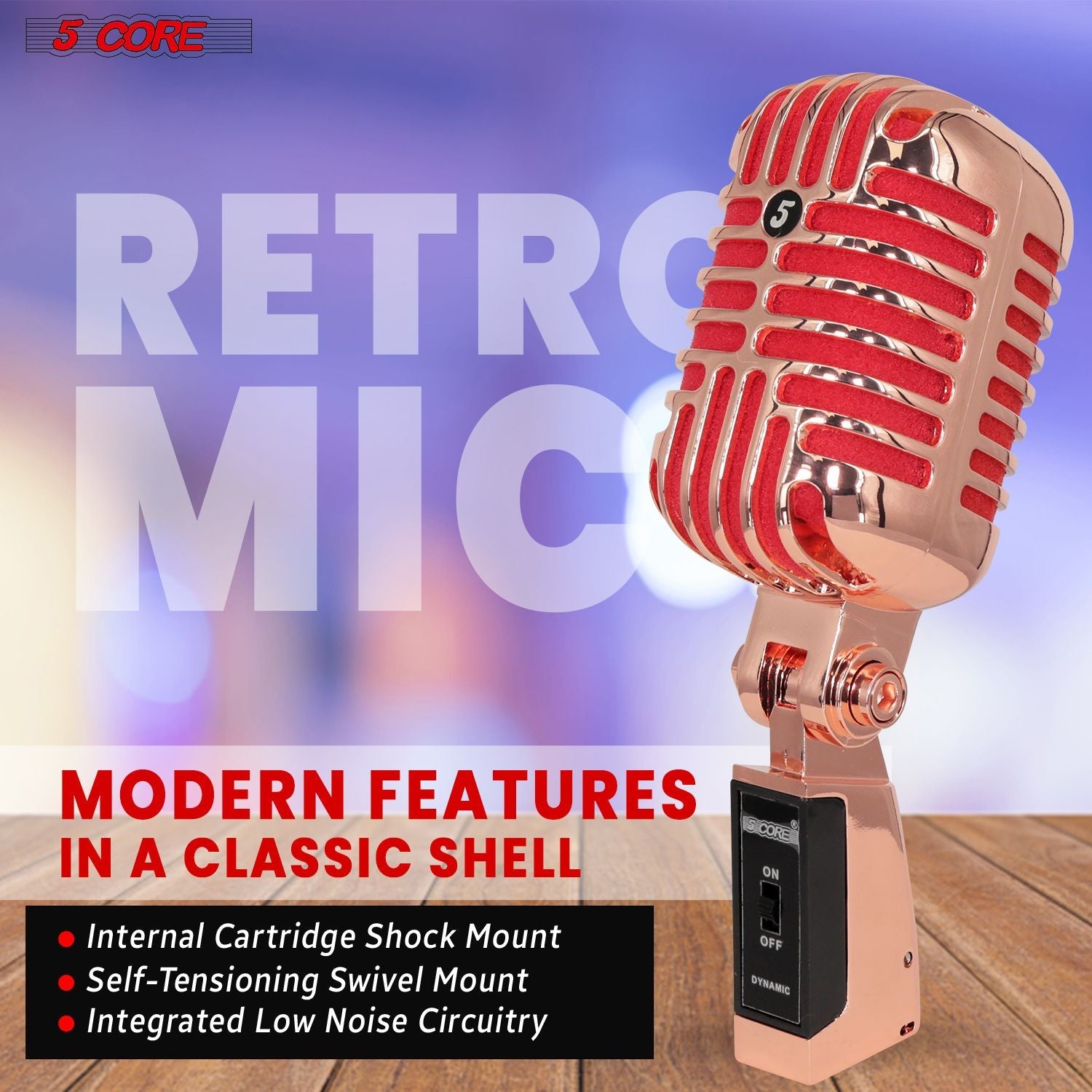 5 Core Classic Retro Microphone Dynamic (ALL METAL BODY) - Old Vintage Style Unidirectional Cardioid Mic w/ XLR Input Universal Stand Compatible | Live Performance |Singing In Studio |Recording Gold