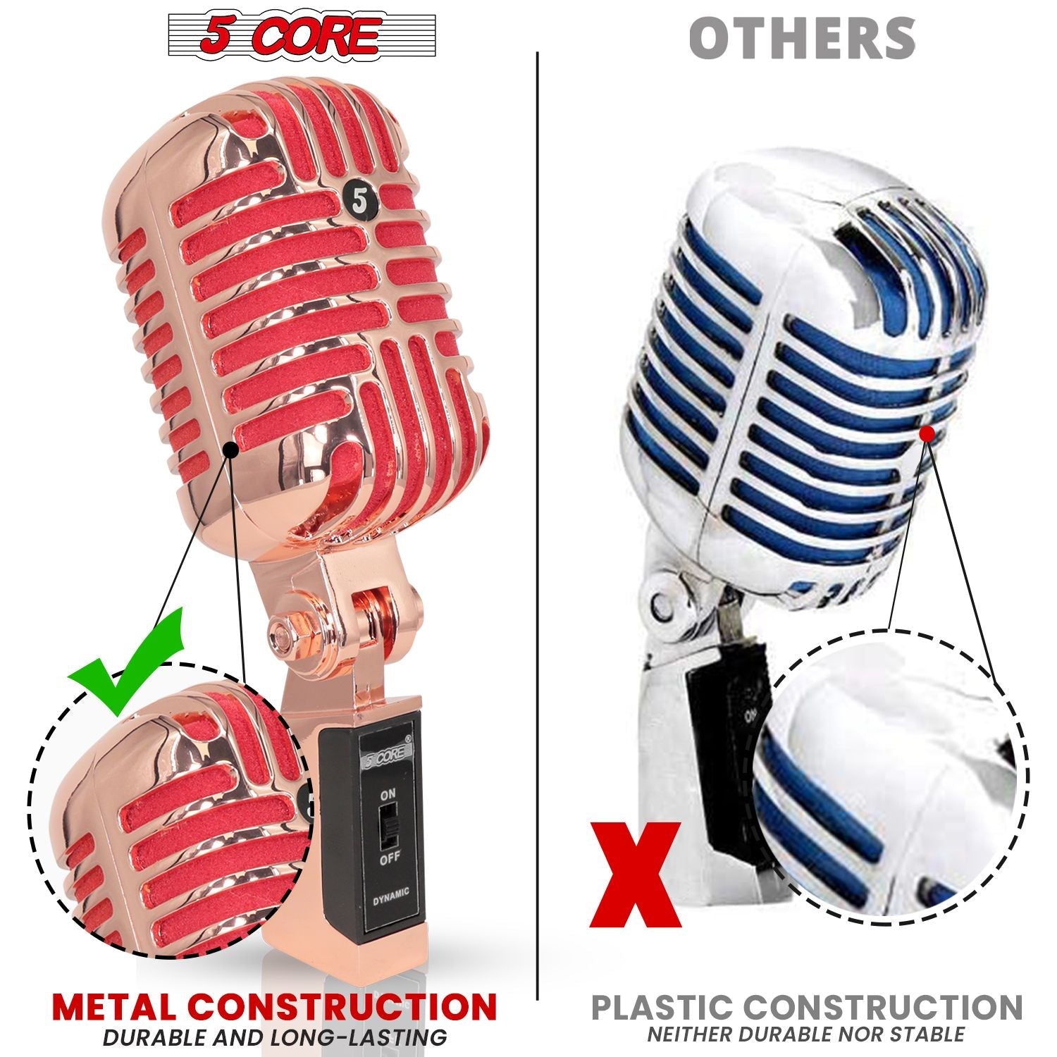 5 Core Classic Retro Microphone Dynamic (ALL METAL BODY) - Old Vintage Style Unidirectional Cardioid Mic w/ XLR Input Universal Stand Compatible | Live Performance |Singing In Studio |Recording Gold