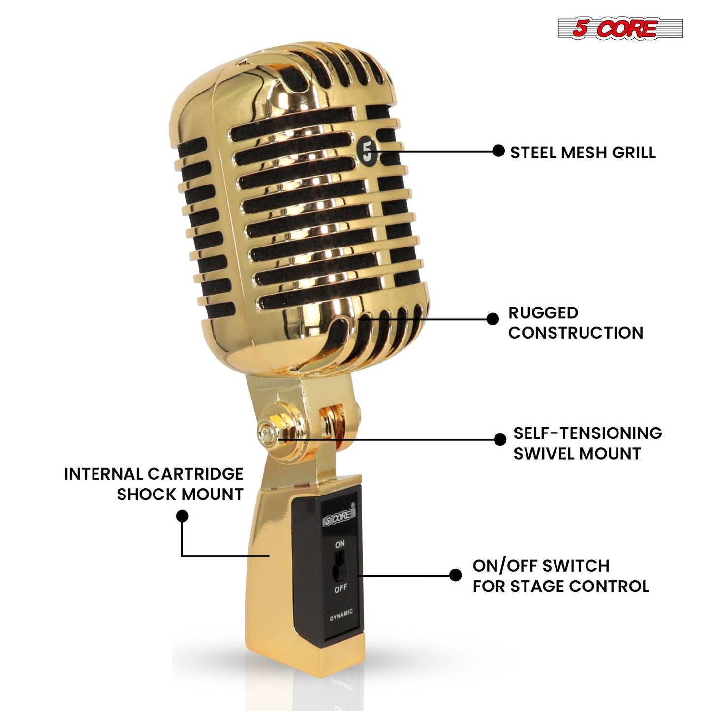 5 Core Classic Retro Microphone Dynamic (ALL METAL BODY) - Old Vintage Style Unidirectional Cardioid Mic w/ XLR Input Universal Stand Compatible | Live Performance |Singing In Studio |Recording Gold