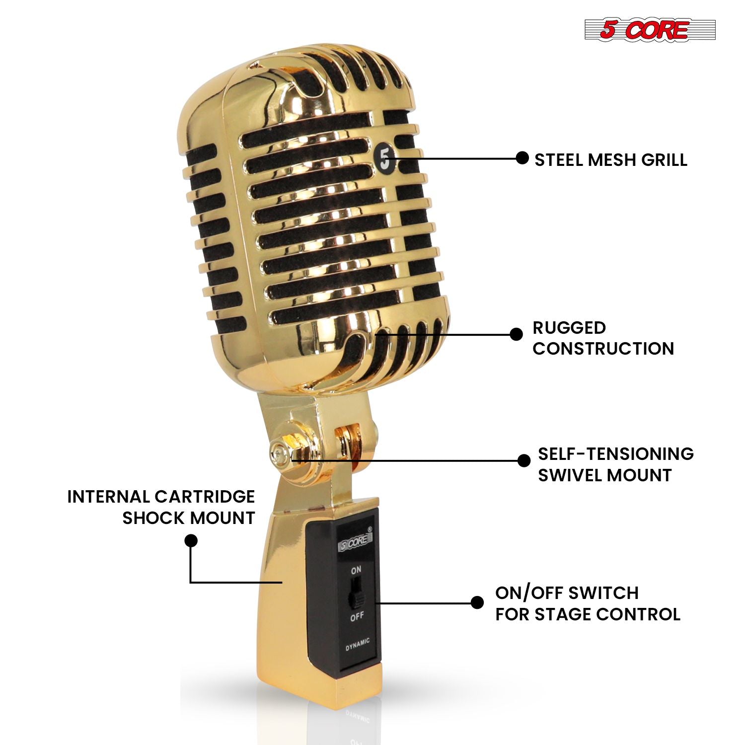 5 Core Classic Retro Microphone Dynamic (ALL METAL BODY) - Old Vintage Style Unidirectional Cardioid Mic w/ XLR Input Universal Stand Compatible | Live Performance |Singing In Studio |Recording Gold