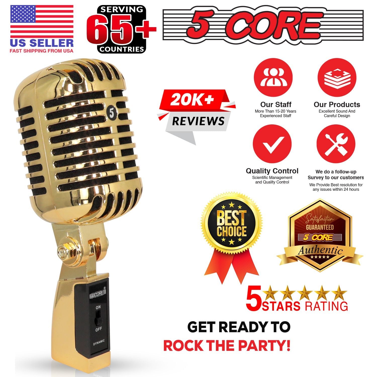 5 Core Classic Retro Microphone Dynamic (ALL METAL BODY) - Old Vintage Style Unidirectional Cardioid Mic w/ XLR Input Universal Stand Compatible | Live Performance |Singing In Studio |Recording Gold