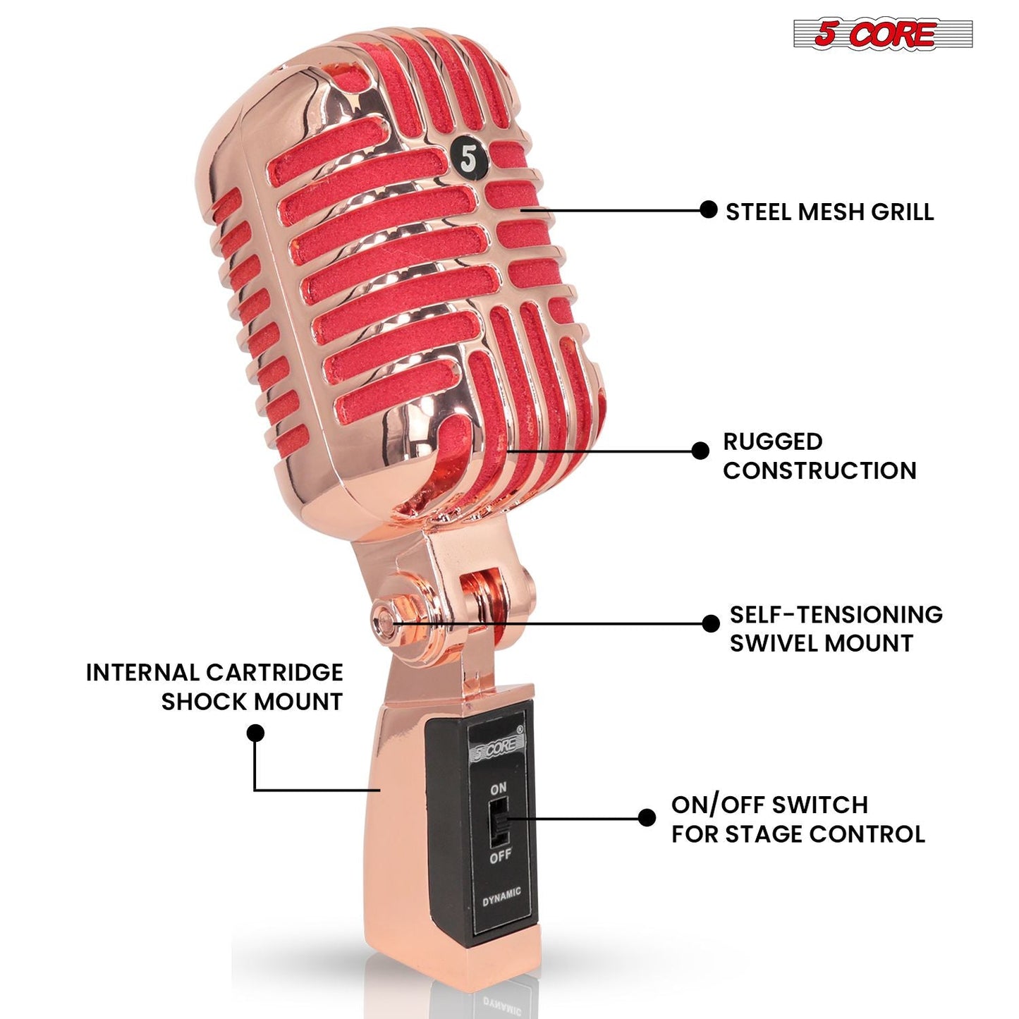 5 Core Classic Retro Microphone Dynamic (ALL METAL BODY) - Old Vintage Style Unidirectional Cardioid Mic w/ XLR Input Universal Stand Compatible | Live Performance |Singing In Studio |Recording Gold