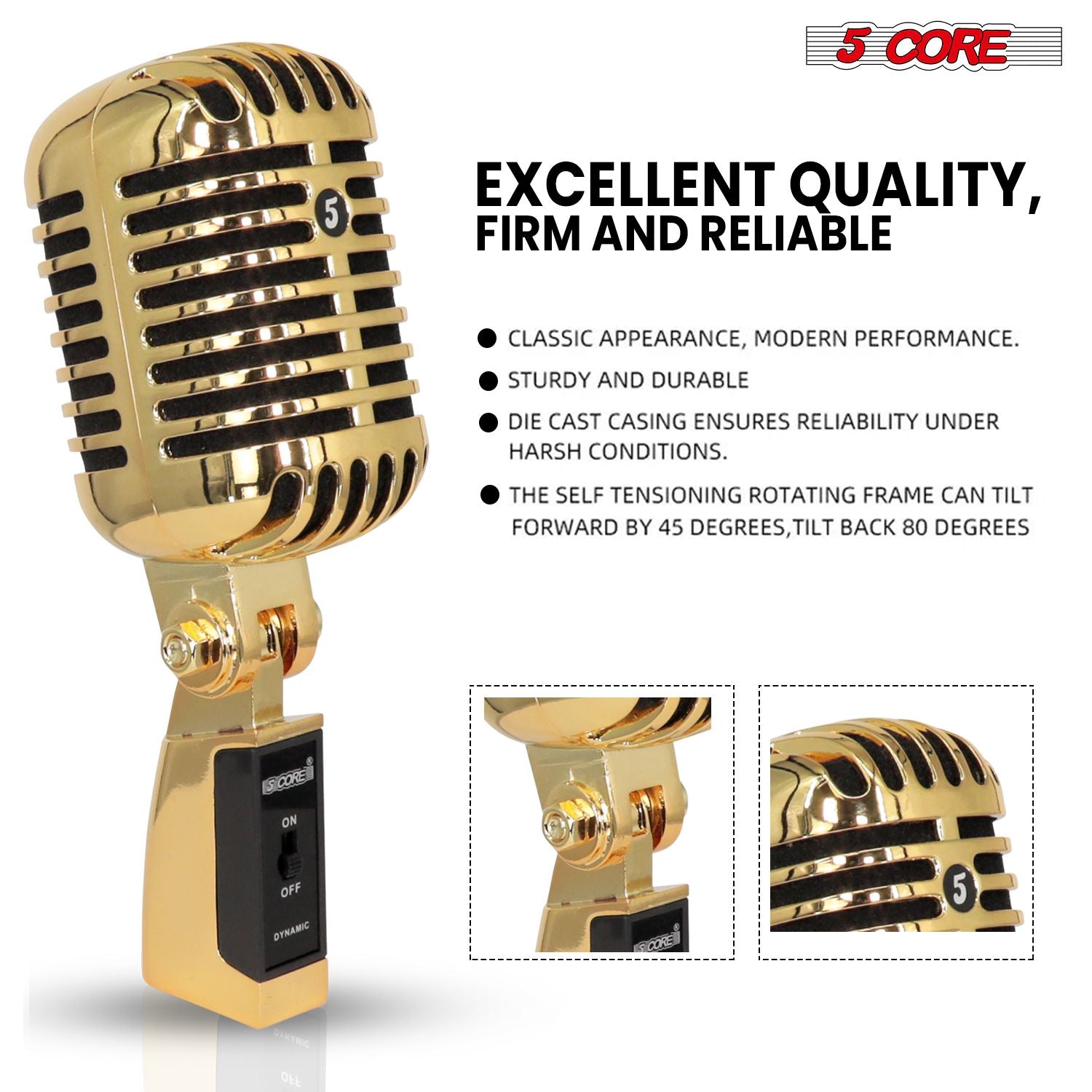 5 Core Classic Retro Microphone Dynamic (ALL METAL BODY) - Old Vintage Style Unidirectional Cardioid Mic w/ XLR Input Universal Stand Compatible | Live Performance |Singing In Studio |Recording Gold