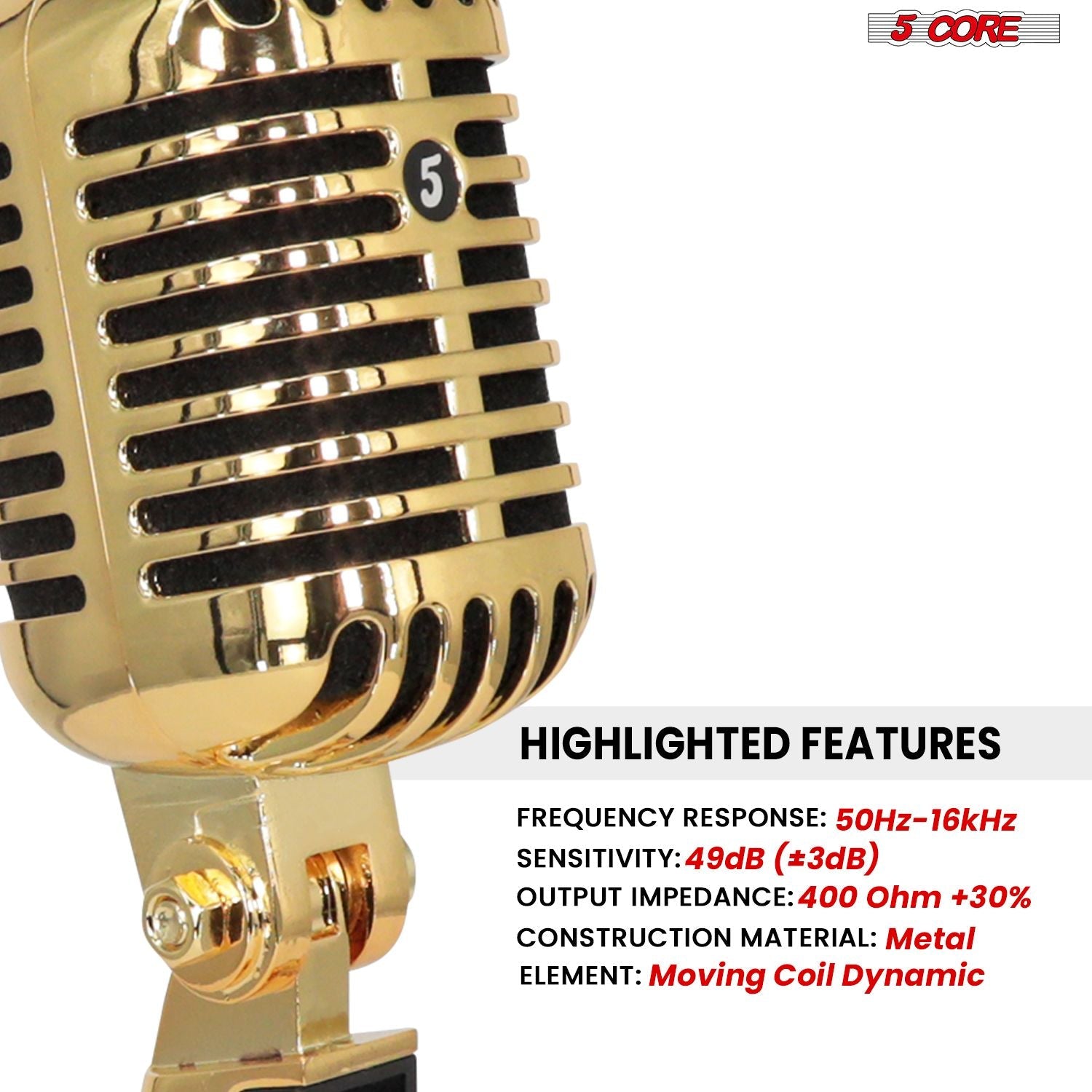5 Core Classic Retro Microphone Dynamic (ALL METAL BODY) - Old Vintage Style Unidirectional Cardioid Mic w/ XLR Input Universal Stand Compatible | Live Performance |Singing In Studio |Recording Gold