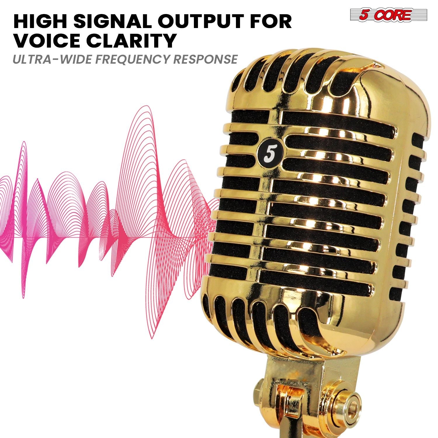 5 Core Classic Retro Microphone Dynamic (ALL METAL BODY) - Old Vintage Style Unidirectional Cardioid Mic w/ XLR Input Universal Stand Compatible | Live Performance |Singing In Studio |Recording Gold